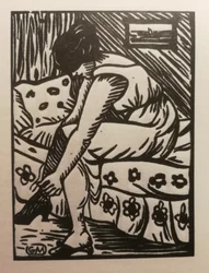 Frau zieht ihre Strümpfe an, Holzschnitt, aus Galerie Barbery (Paris)